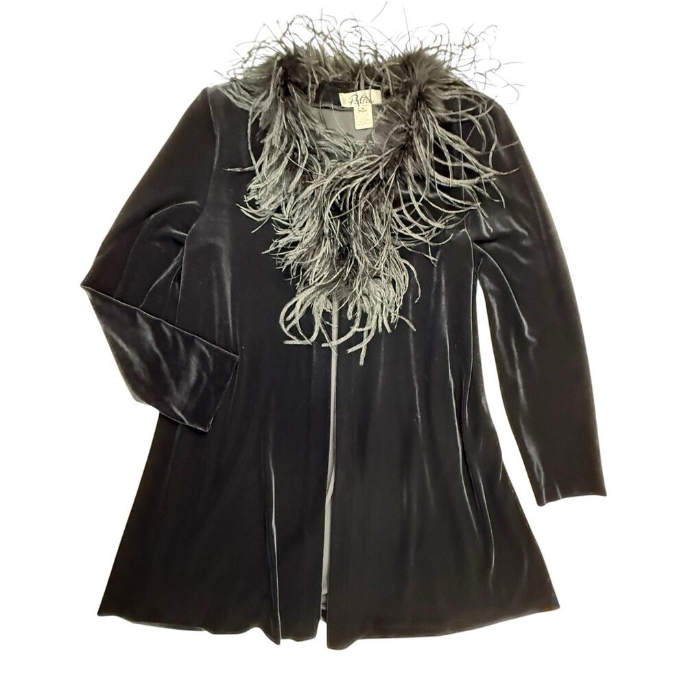 Patra Velvet Ostrich Feather Trim Long Jacket M Evening Cardigan Vintage Y2K